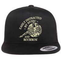 Easily Distracted By Music And Bourbon Skeleton Flat Bill Trucker Hat