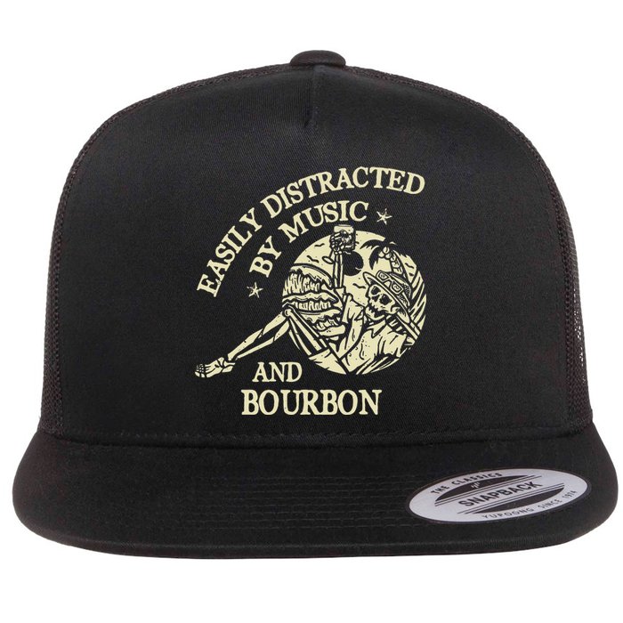 Easily Distracted By Music And Bourbon Skeleton Flat Bill Trucker Hat