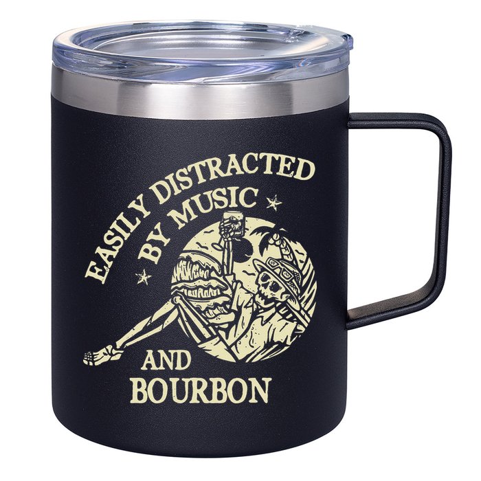Easily Distracted By Music And Bourbon Skeleton 12oz Stainless Steel Coffee Mug