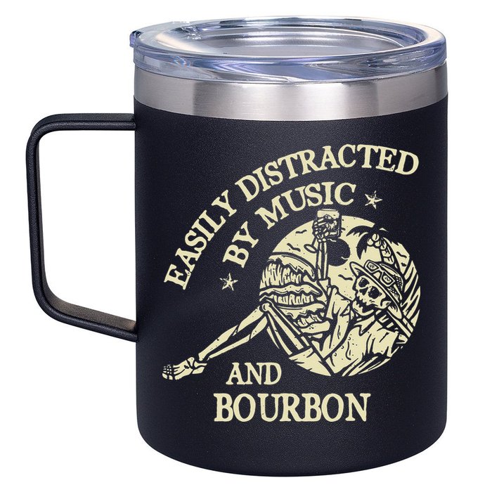 Easily Distracted By Music And Bourbon Skeleton 12oz Stainless Steel Coffee Mug