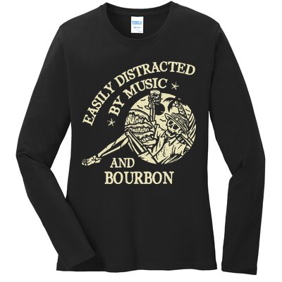 Easily Distracted By Music And Bourbon Skeleton Ladies Long Sleeve Shirt