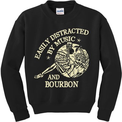 Easily Distracted By Music And Bourbon Skeleton Kids Sweatshirt