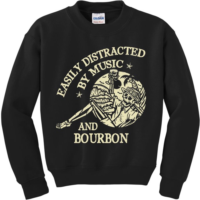 Easily Distracted By Music And Bourbon Skeleton Kids Sweatshirt