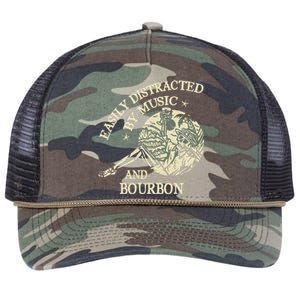 Easily Distracted By Music And Bourbon Skeleton Retro Rope Trucker Hat Cap