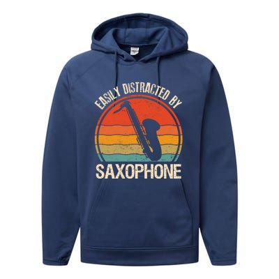 Easily Distracted By Saxophone Player Retro Vintage Funny Gift Performance Fleece Hoodie