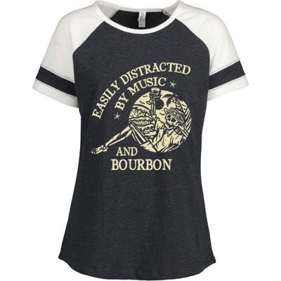 Easily Distracted By Music And Bourbon Skeleton Enza Ladies Jersey Colorblock Tee