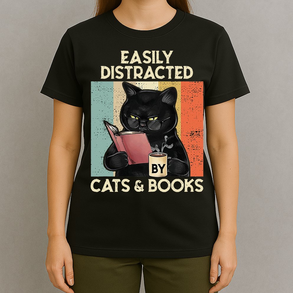 Easily Distracted By Cats And Books For Cat Lovers T-Shirt