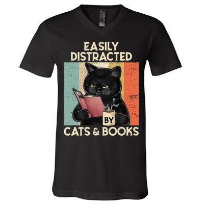 Easily Distracted By Cats And Books For Cat Lovers V-Neck T-Shirt