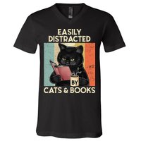 Easily Distracted By Cats And Books For Cat Lovers V-Neck T-Shirt