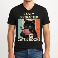 Easily Distracted By Cats And Books For Cat Lovers V-Neck T-Shirt