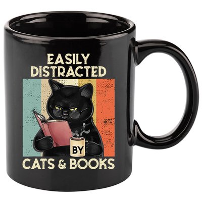 Easily Distracted By Cats And Books For Cat Lovers 11oz C Handle Ceramic Mug