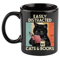 Easily Distracted By Cats And Books For Cat Lovers 11oz C Handle Ceramic Mug