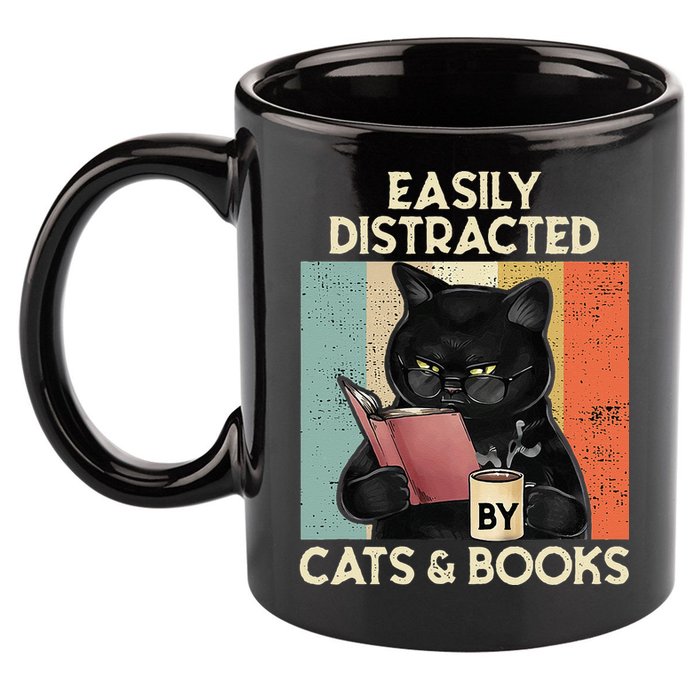 Easily Distracted By Cats And Books For Cat Lovers 11oz C Handle Ceramic Mug