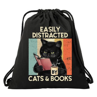 Easily Distracted By Cats And Books For Cat Lovers Drawstring Bag