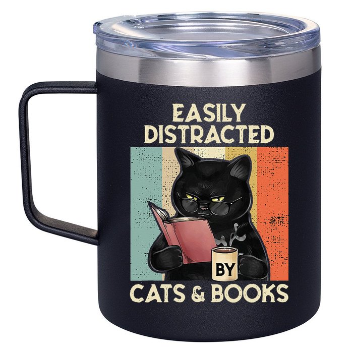 Easily Distracted By Cats And Books For Cat Lovers 12oz Stainless Steel Coffee Mug
