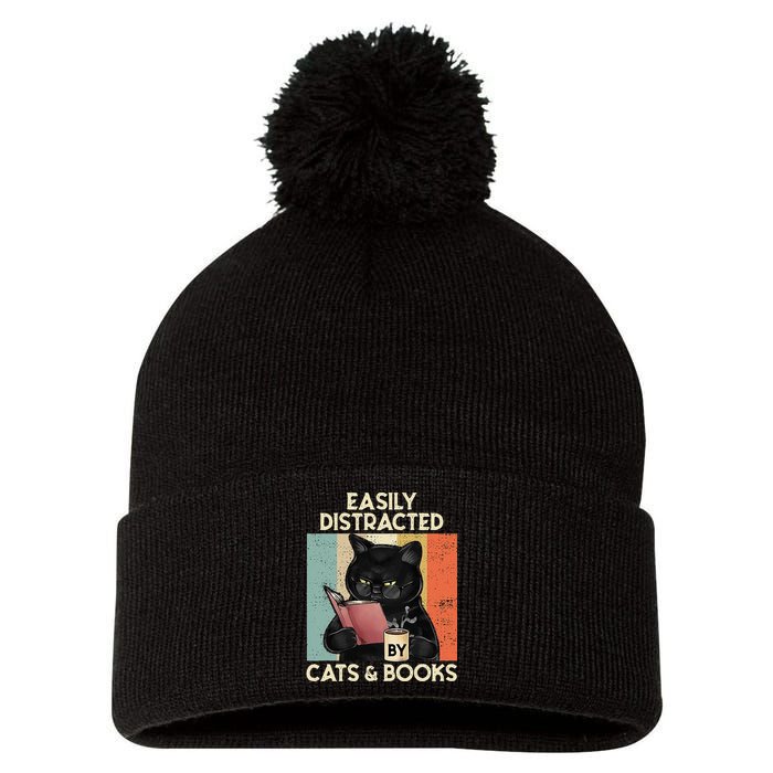 Easily Distracted By Cats And Books For Cat Lovers Pom Pom 12in Knit Beanie