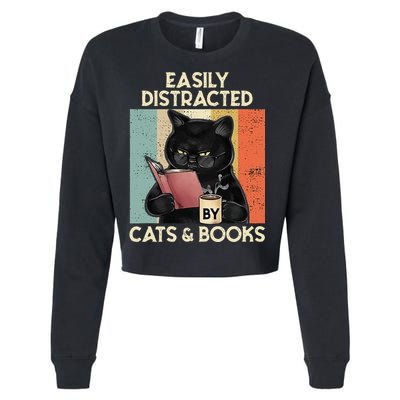 Easily Distracted By Cats And Books For Cat Lovers Cropped Pullover Crew