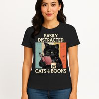 Easily Distracted By Cats And Books For Cat Lovers Womens T-Shirt