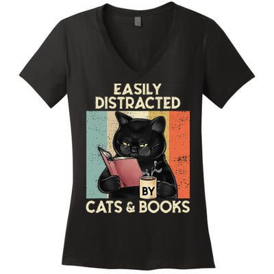Easily Distracted By Cats And Books For Cat Lovers Women's V-Neck T-Shirt