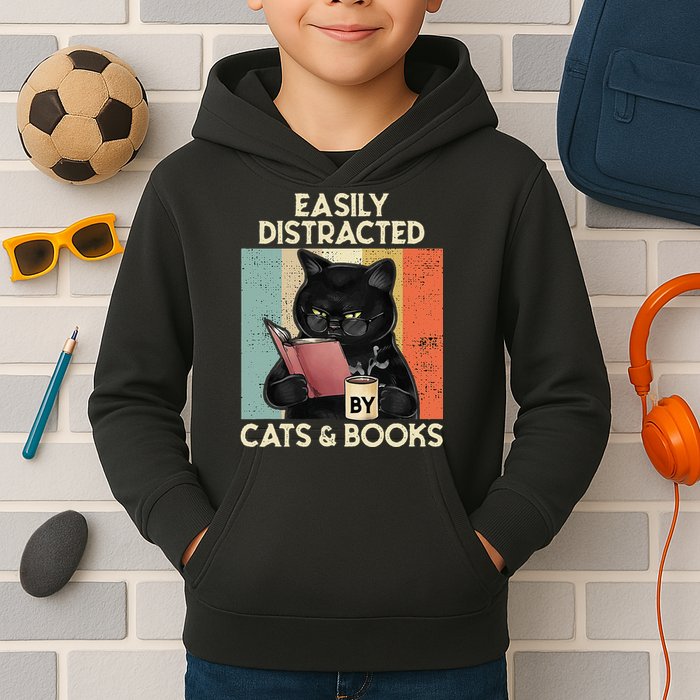 Easily Distracted By Cats And Books For Cat Lovers Kids Hoodie
