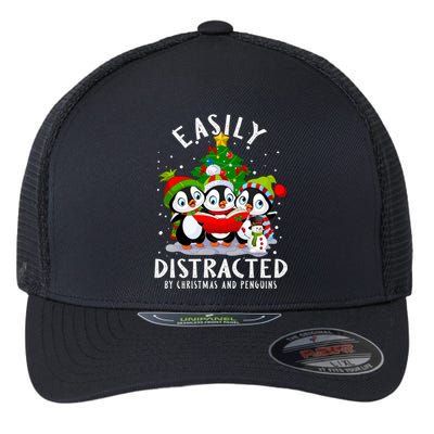 Easily Distracted By Christmas Penguins Costume Funny Xmas Funny Gift Flexfit Unipanel Trucker Cap