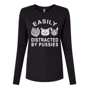 EASILY DISTRACTED BY PUSSIES Womens Cotton Relaxed Long Sleeve T-Shirt