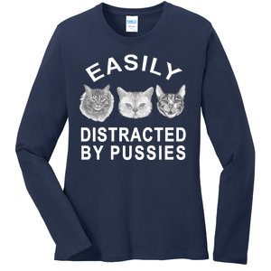 EASILY DISTRACTED BY PUSSIES Ladies Long Sleeve Shirt