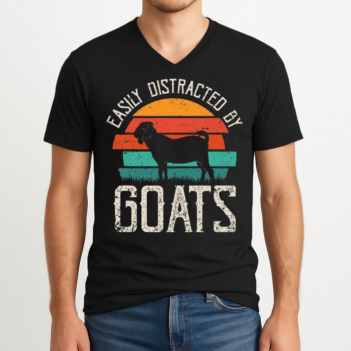 Easily Distracted By Goats Funny Jokes Sarcastic Sayings V-Neck T-Shirt