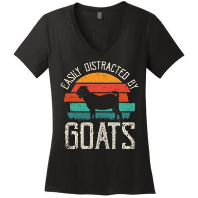 Easily Distracted By Goats Funny Jokes Sarcastic Sayings Women's V-Neck T-Shirt