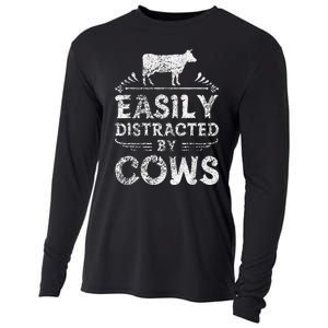 Easily Distracted By Cows Gifts Cow Farmer Cooling Performance Long Sleeve Crew