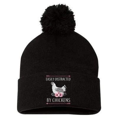 Easily Distracted By Chickens For Chicken Lovers Funny Pom Pom 12in Knit Beanie