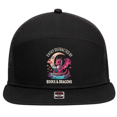 Easily distracted by books and dragons kawaii dragon reader 7 Panel Mesh Trucker Snapback Hat