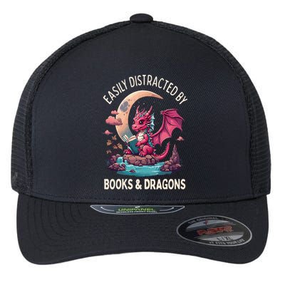 Easily distracted by books and dragons kawaii dragon reader Flexfit Unipanel Trucker Cap