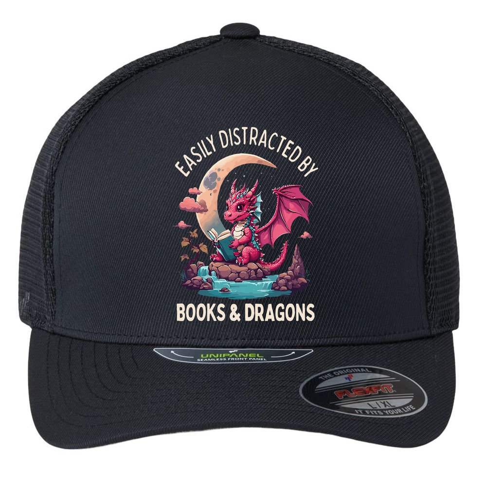 Easily distracted by books and dragons kawaii dragon reader Flexfit Unipanel Trucker Cap