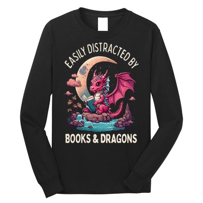 Easily distracted by books and dragons kawaii dragon reader Long Sleeve Shirt