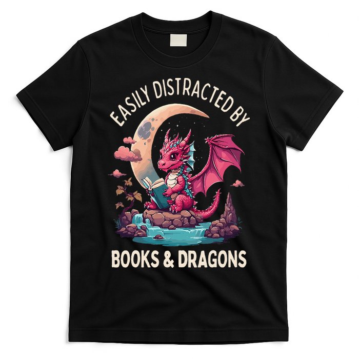 Easily distracted by books and dragons kawaii dragon reader T-Shirt