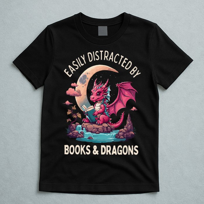 Easily distracted by books and dragons kawaii dragon reader T-Shirt