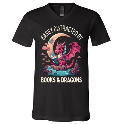 Easily distracted by books and dragons kawaii dragon reader V-Neck T-Shirt