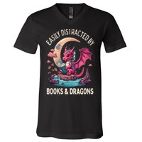 Easily distracted by books and dragons kawaii dragon reader V-Neck T-Shirt