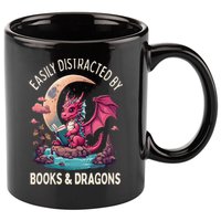 Easily distracted by books and dragons kawaii dragon reader 11oz C Handle Ceramic Mug