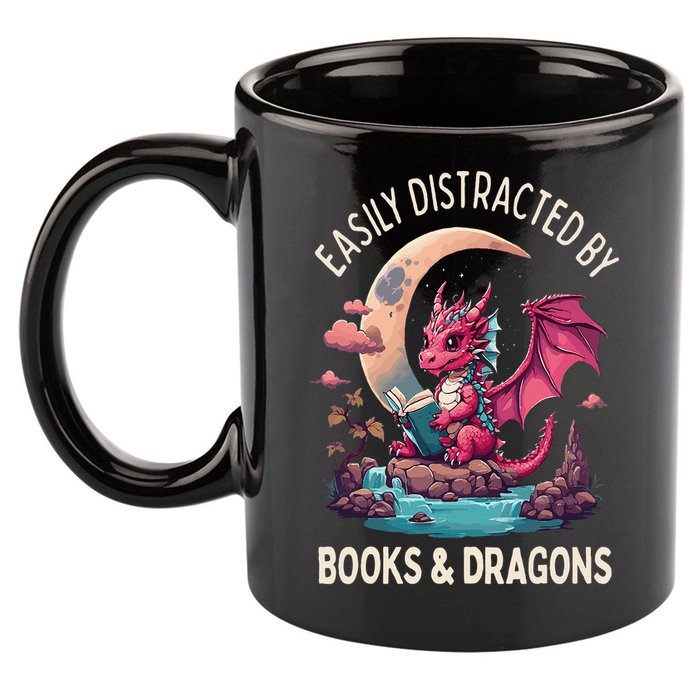 Easily distracted by books and dragons kawaii dragon reader 11oz C Handle Ceramic Mug