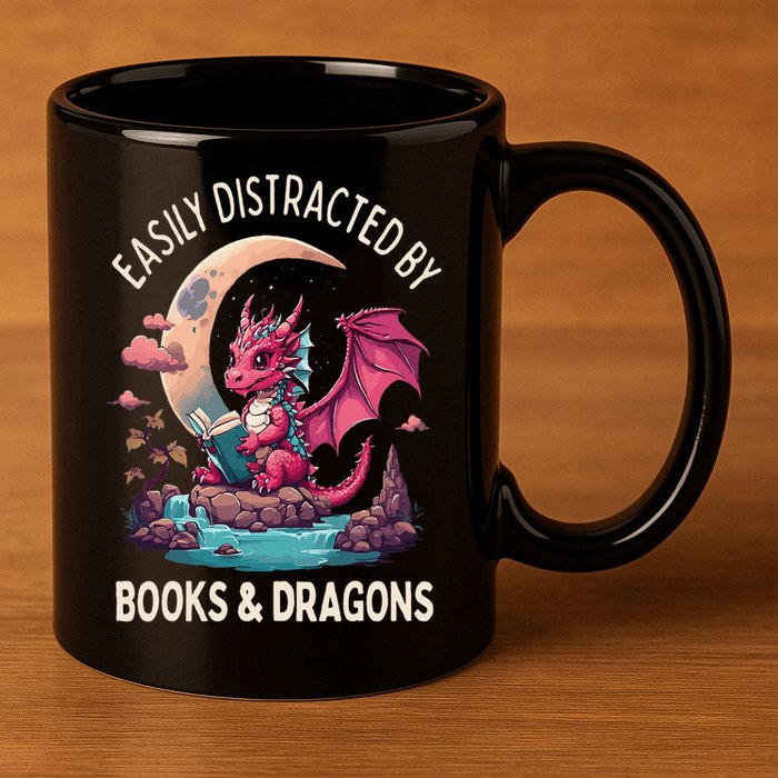 Easily distracted by books and dragons kawaii dragon reader 11oz C Handle Ceramic Mug