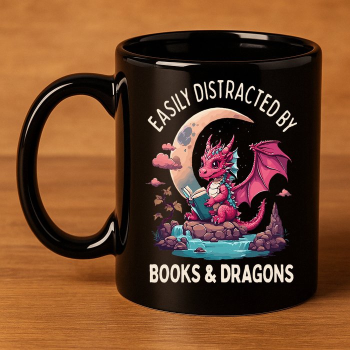 Easily distracted by books and dragons kawaii dragon reader 11oz C Handle Ceramic Mug