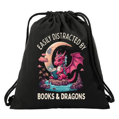 Easily distracted by books and dragons kawaii dragon reader Drawstring Bag