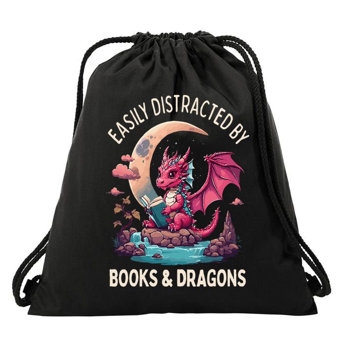 Easily distracted by books and dragons kawaii dragon reader Drawstring Bag