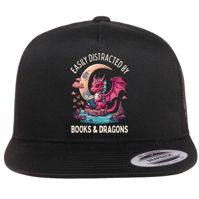 Easily distracted by books and dragons kawaii dragon reader Flat Bill Trucker Hat