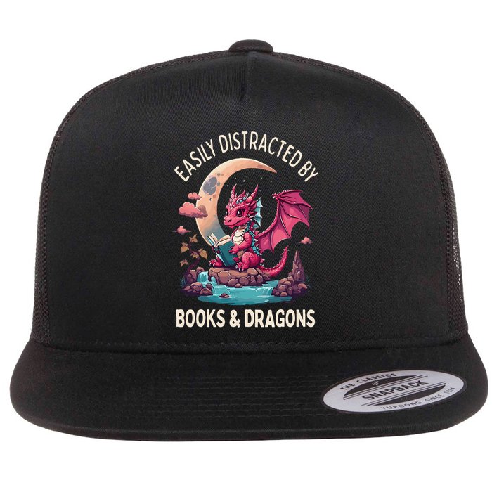 Easily distracted by books and dragons kawaii dragon reader Flat Bill Trucker Hat