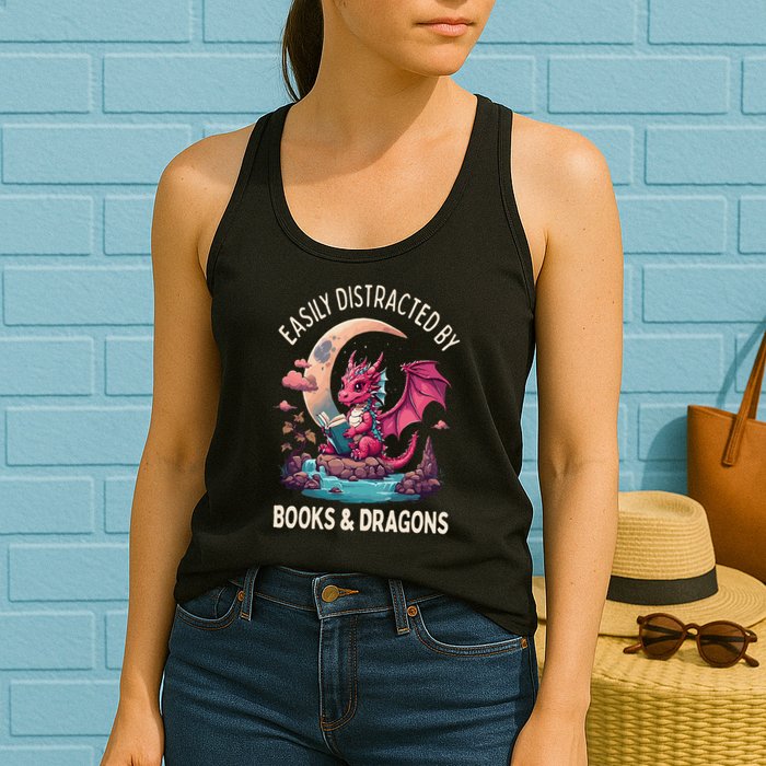 Easily distracted by books and dragons kawaii dragon reader Womens Tank Top