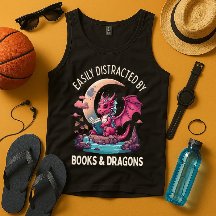 Easily distracted by books and dragons kawaii dragon reader Tank Top