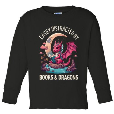 Easily distracted by books and dragons kawaii dragon reader Toddler Long Sleeve Shirt